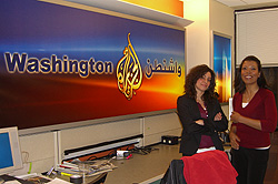 Nikole Killion and Shereen Meraji at Al Jazeera Arabic studios in Washington, DC